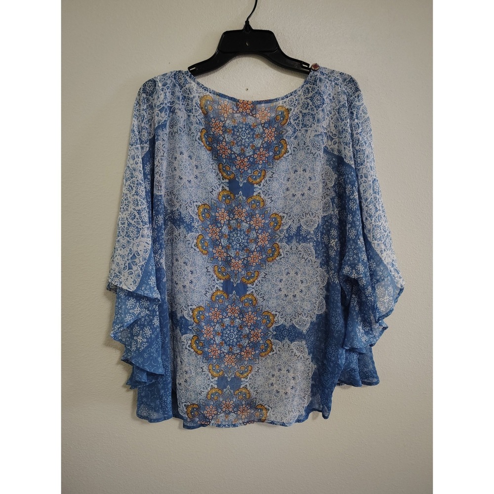 Ruby Rd Blue Medallion Paisley Chiffon Flutter Sleeve Poncho Top 1X - Picture 4 of 4